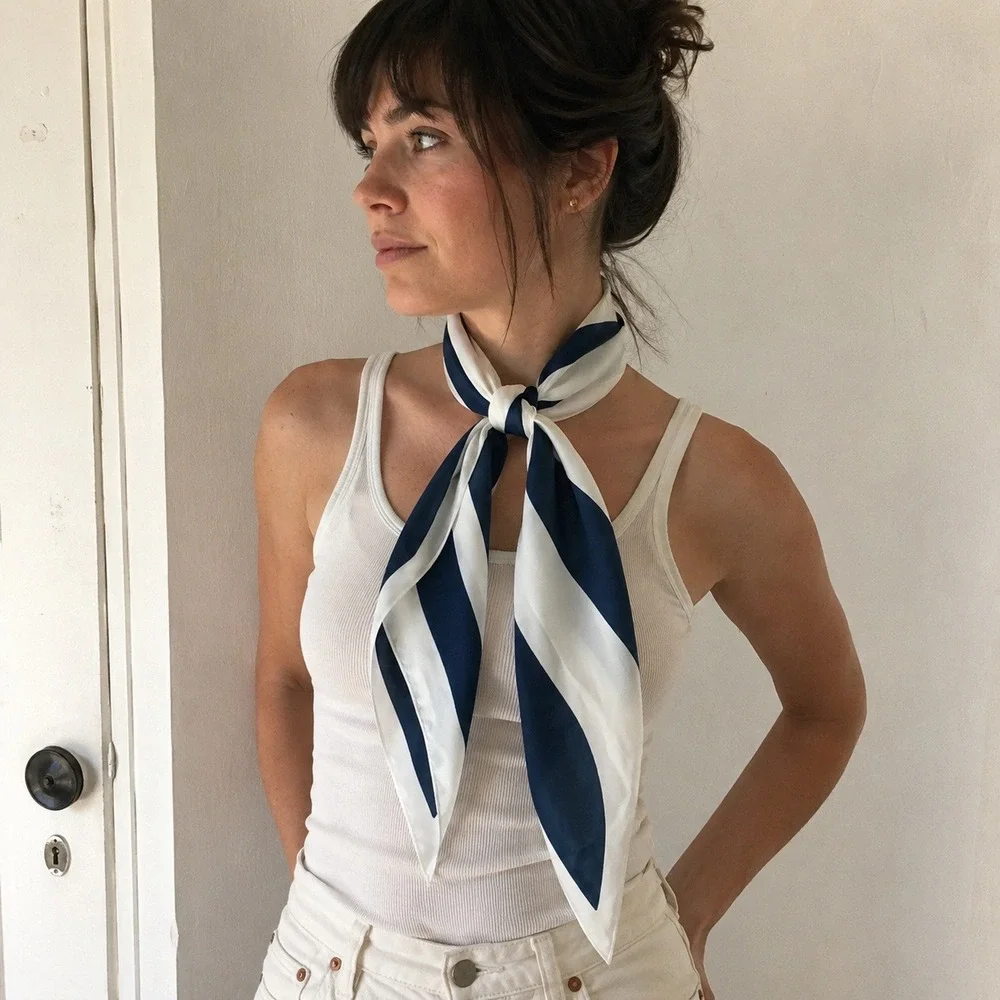 Vintage 70s Veresa by Vera Women Scarf OS Blue White Striped Skinny Mod Nautical